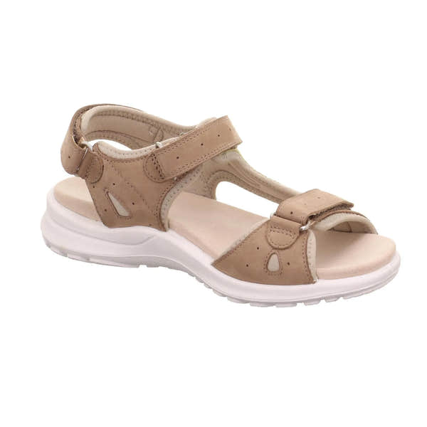 Legero Siris beige leather sandals with touch fastening straps, open toe, and white cushioned sole.