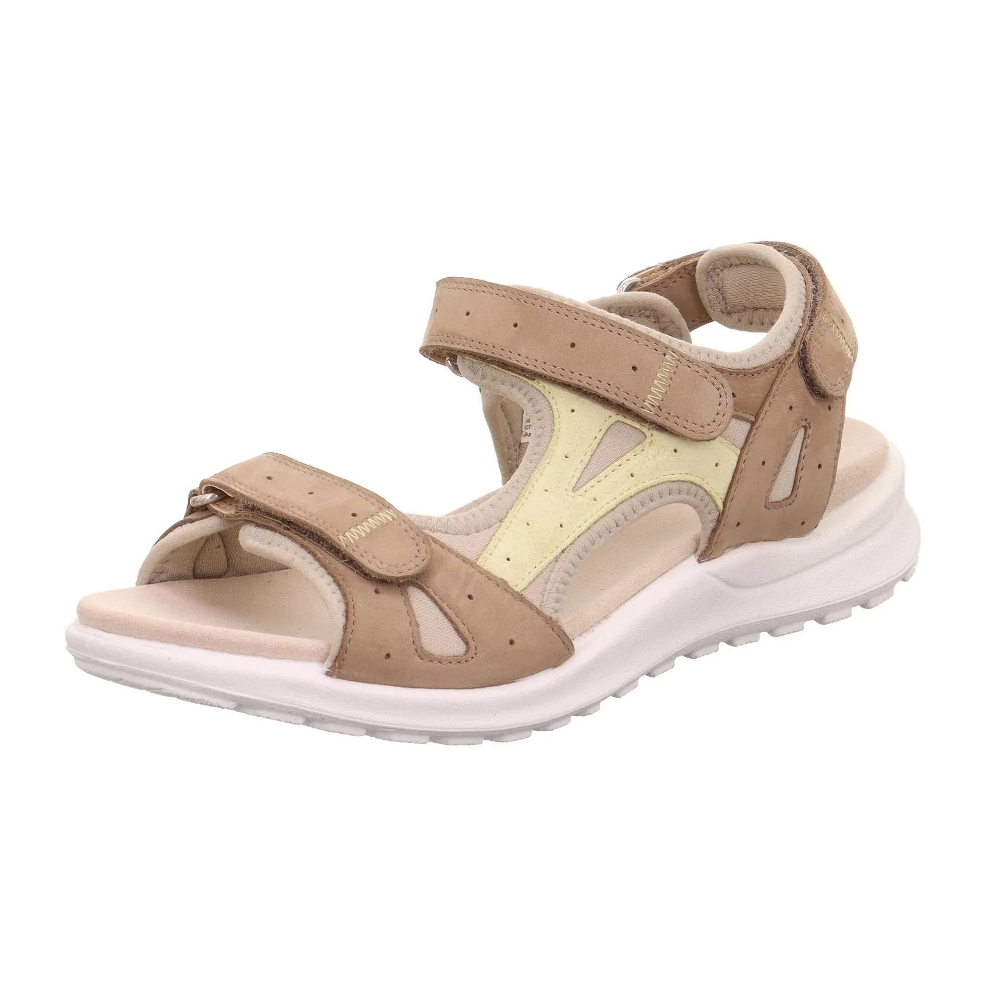 Legero Siris beige leather touch fastening ladies' sandal with adjustable straps and cushioned white sole.