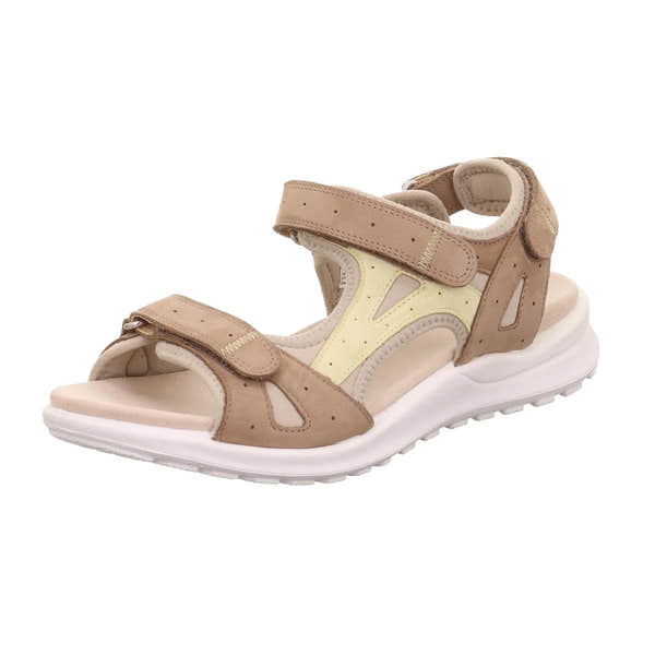 Legero Siris beige leather touch fastening ladies' sandal with adjustable straps and cushioned white sole.
