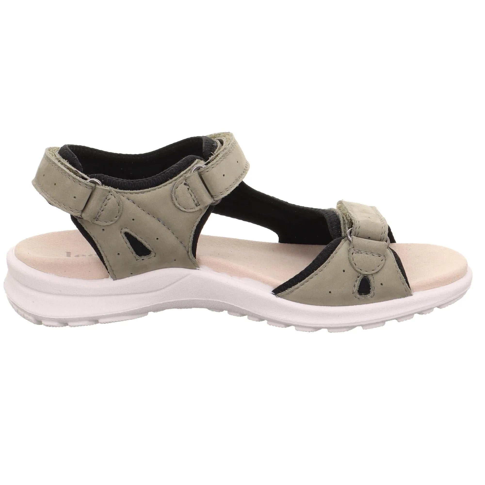 Legero Lady's multi leather sandals with touch fastening straps, black and beige color, cushioned sole, and textured white outsole.