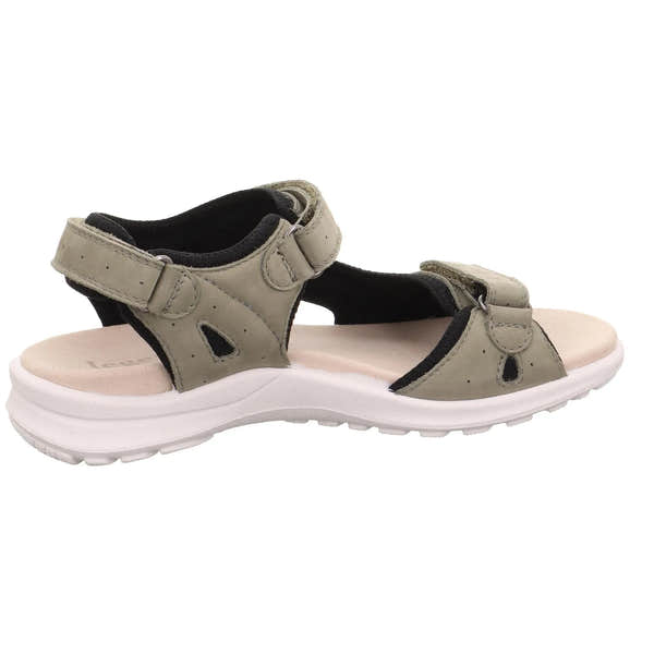 Ladies beige and black leather touch-fastening sport sandals with cushioned sole and open toe design.