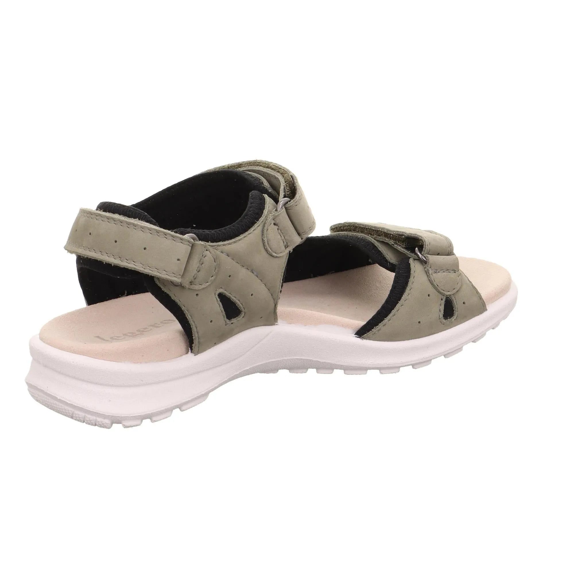 Legero girls' multi leather touch fastening sandal with black and beige straps, cushioned insole, and white sole.