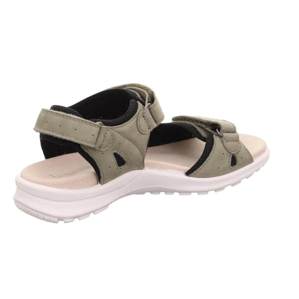 Legero girls' multi leather touch fastening sandal with black and beige straps, cushioned insole, and white sole.