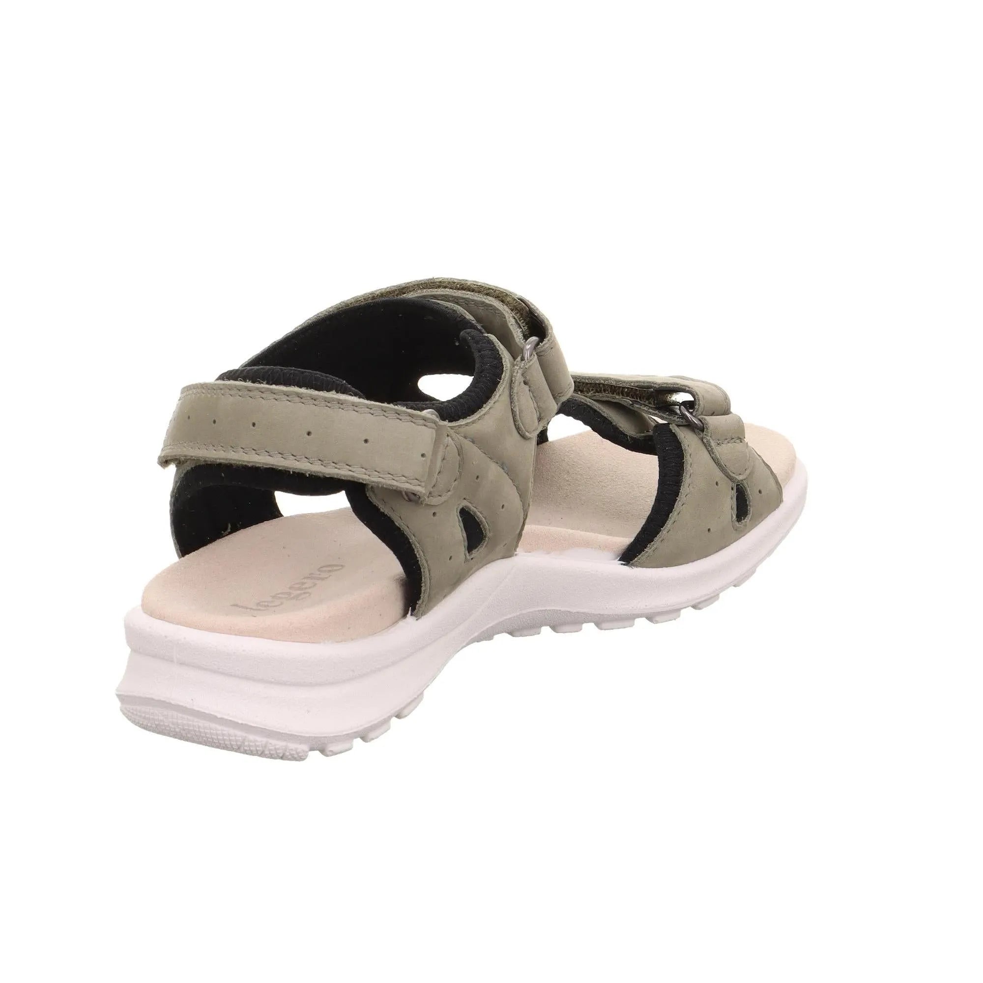 Legero women's kaki leather touch-fastening sandals with black lining and white chunky sole.