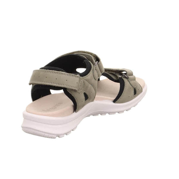 Legero women's kaki leather touch-fastening sandals with black lining and white chunky sole.