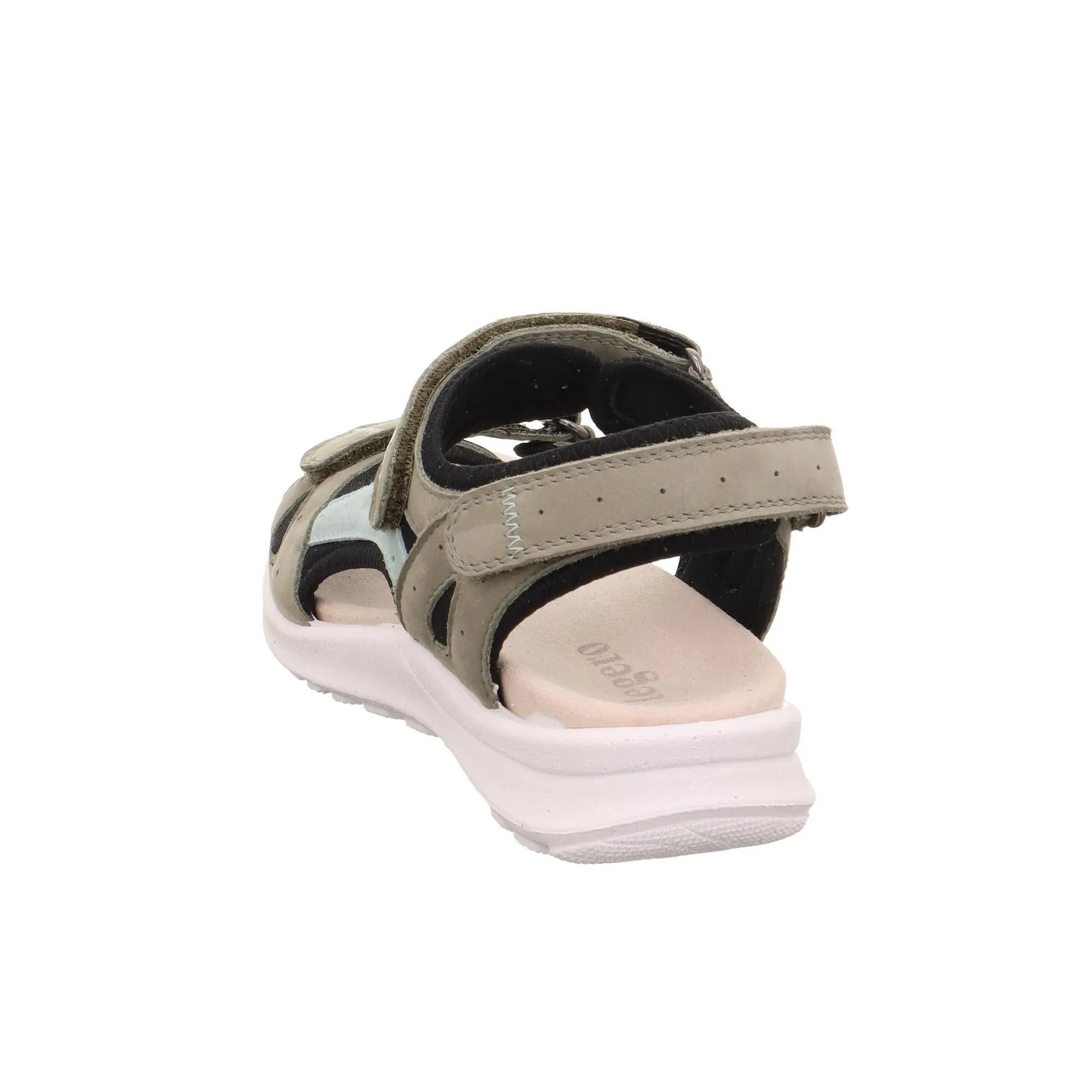 Legero ladies multi leather touch-fastening sandal with adjustable strap, cushioned insole, and white sole.