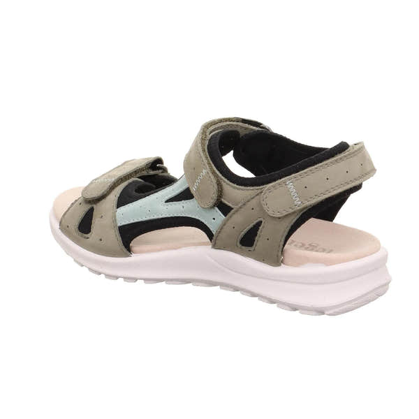Legero Lady's multi-color leather sandals with velcro straps, black accents, and a white sole.