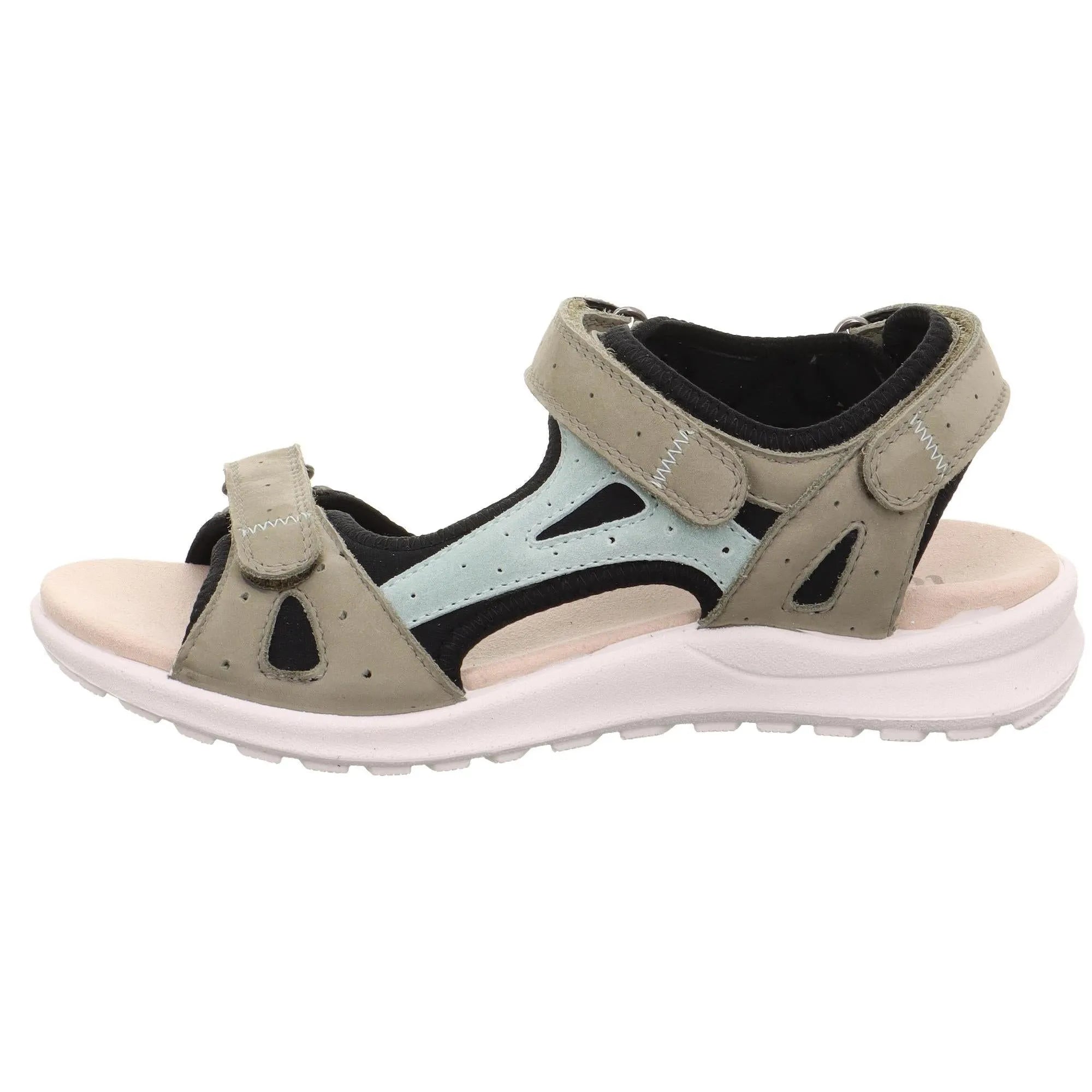 Legero Siris multi-leather sandals with touch fastening, beige, black, and light blue accents, cushioned sole.