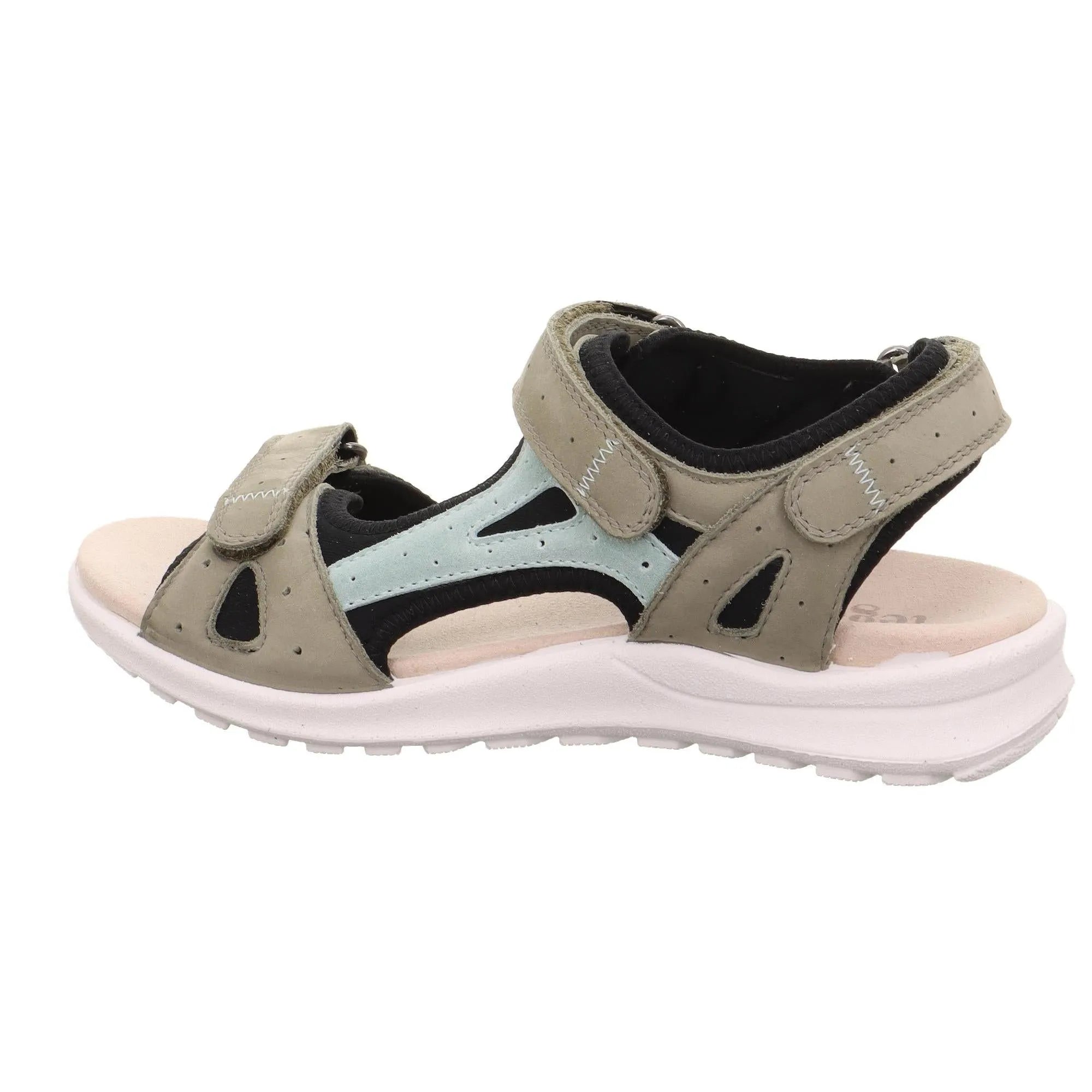 Legero Siris Pino Ladies multi leather touch fastening sandal with beige, black, and light blue details, white sole, and padded ankle strap.
