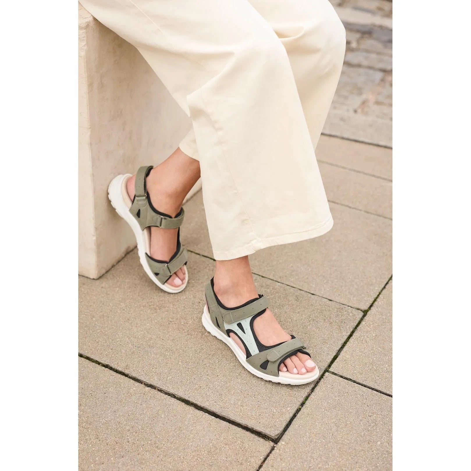 Legero Siris Pino ladies multi leather sandals with touch fastenings, black and green straps, and white sole.