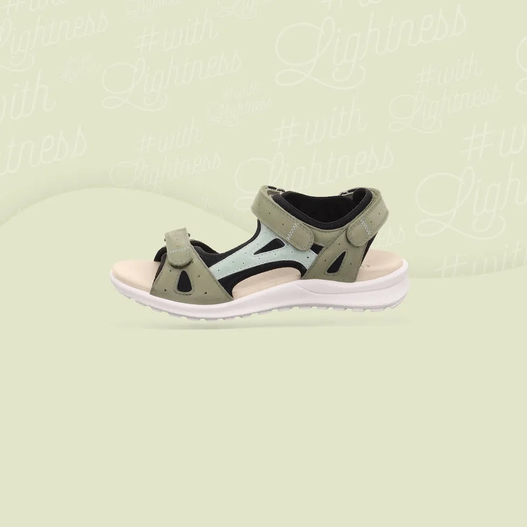 Legero Siris Pino ladies multi-tone leather touch fastening sandals with open toe design and padded sole.