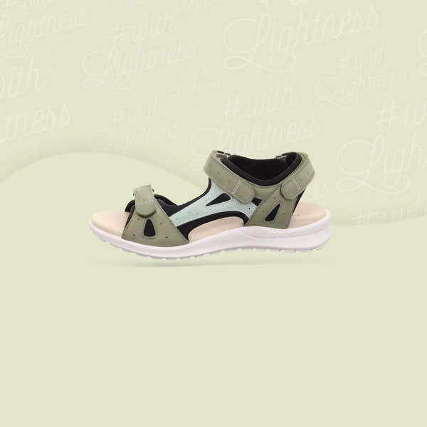 Legero Siris Pino ladies multi-tone leather touch fastening sandals with open toe design and padded sole.