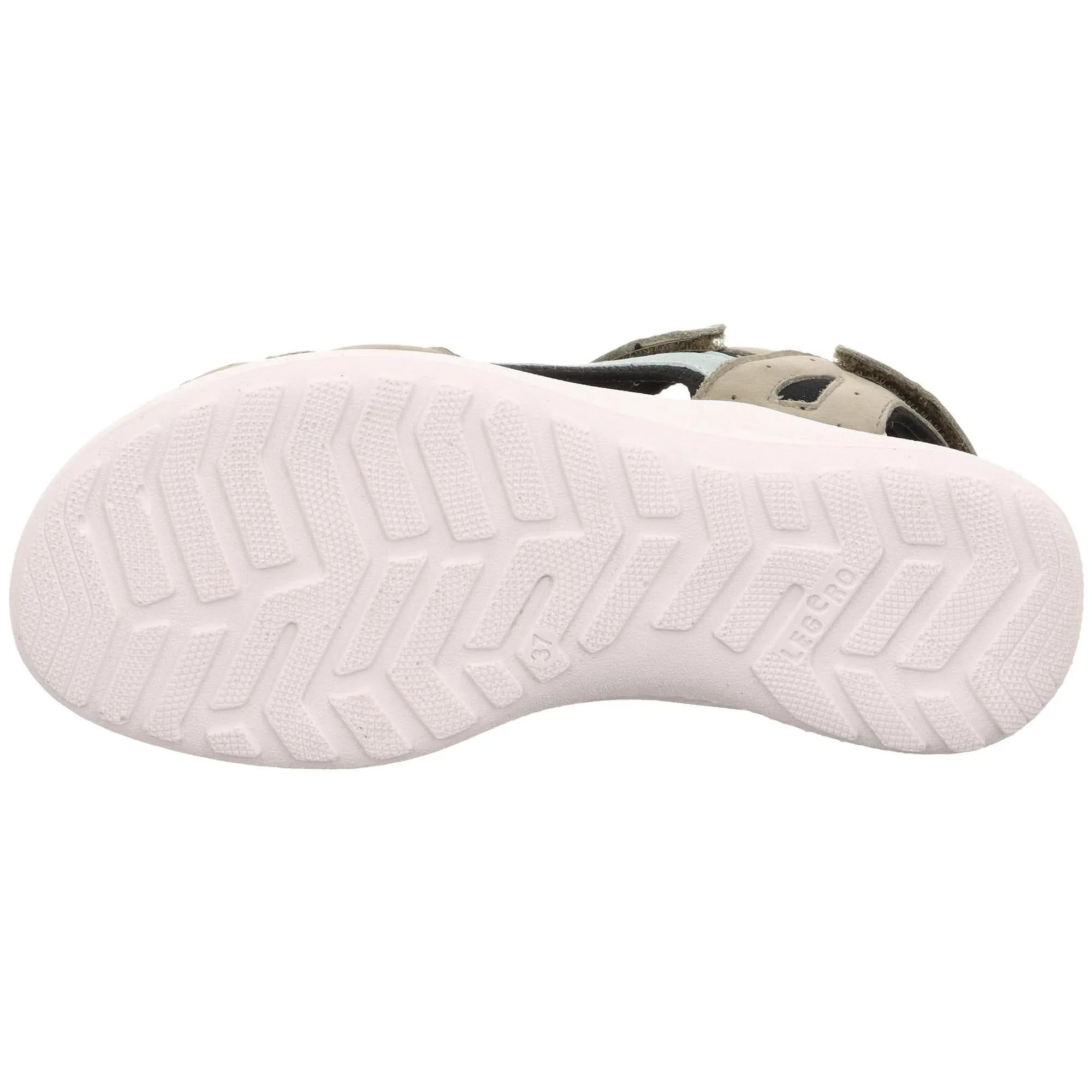 Legero Siris multi leather touch fastening sandal with white rubber sole, seen from the bottom, in beige, black, and grey.