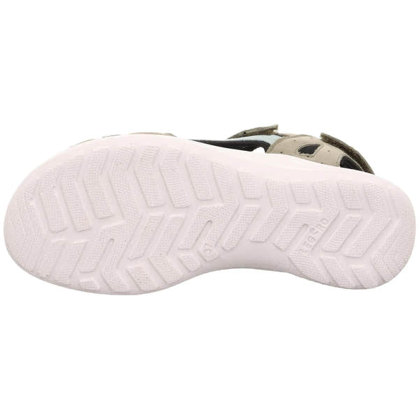 Legero Siris multi leather touch fastening sandal with white rubber sole, seen from the bottom, in beige, black, and grey.