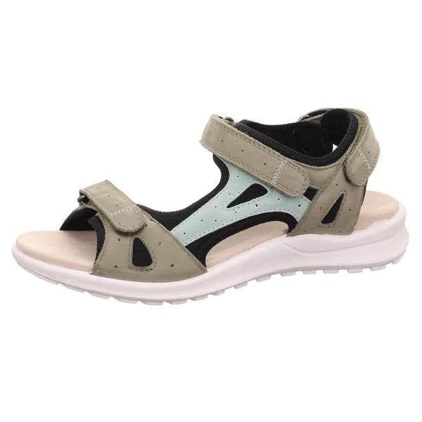 Legero women's multi leather touch fastening sandal with black and beige straps, open toe, and cushioned sole.