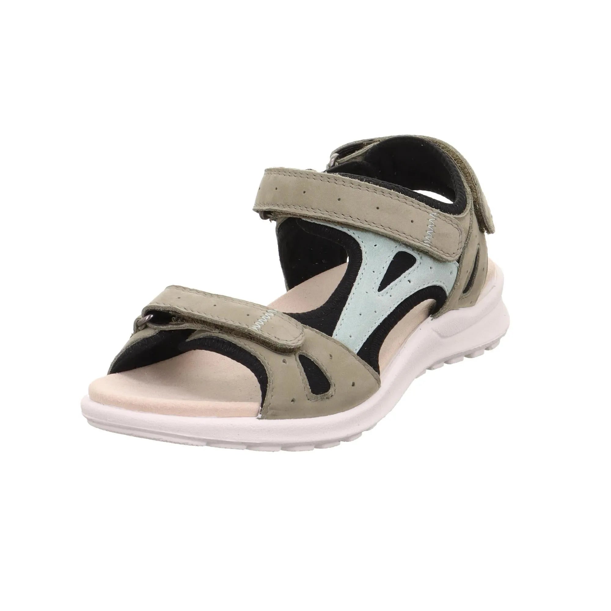 Legero women's multi-colored leather sandals with touch fastening, beige, black, and light blue accents, cushioned sole.
