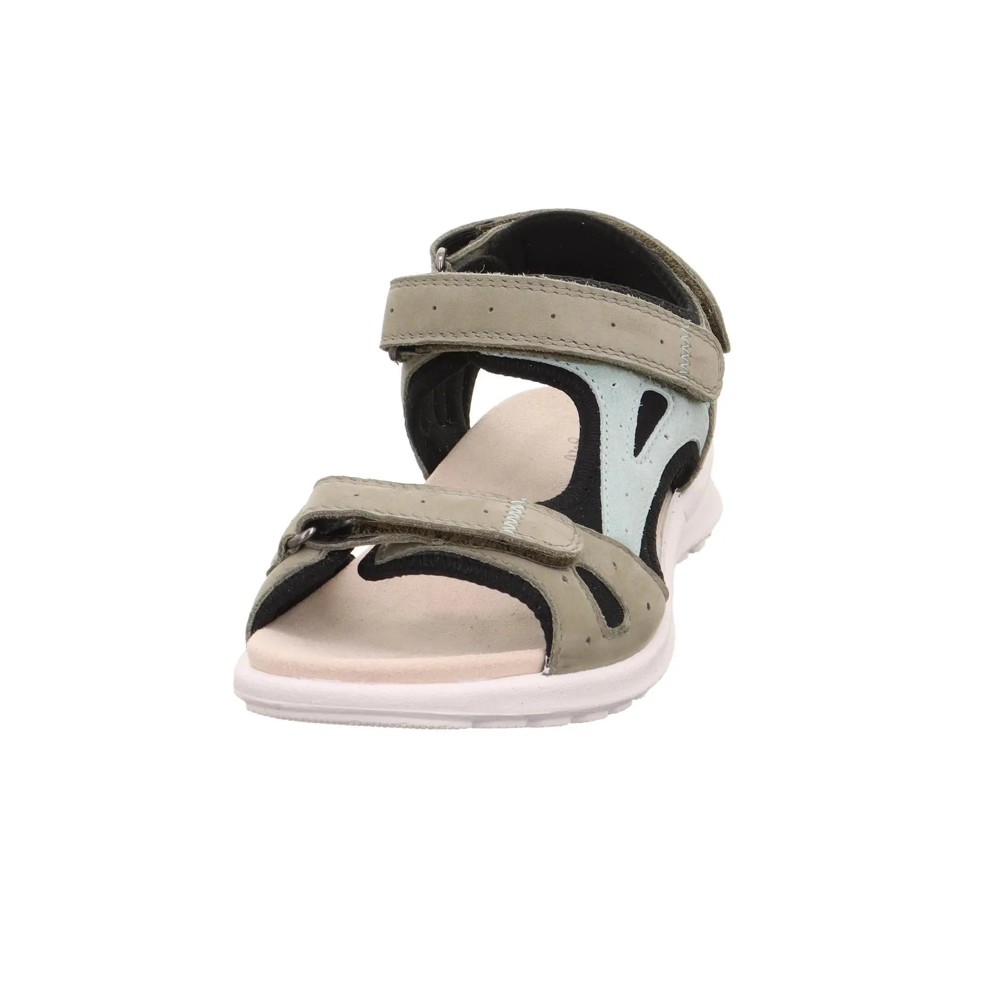 Legero Lady's multi-color leather sandal with touch-fastening straps, black and beige accents, and white sole.