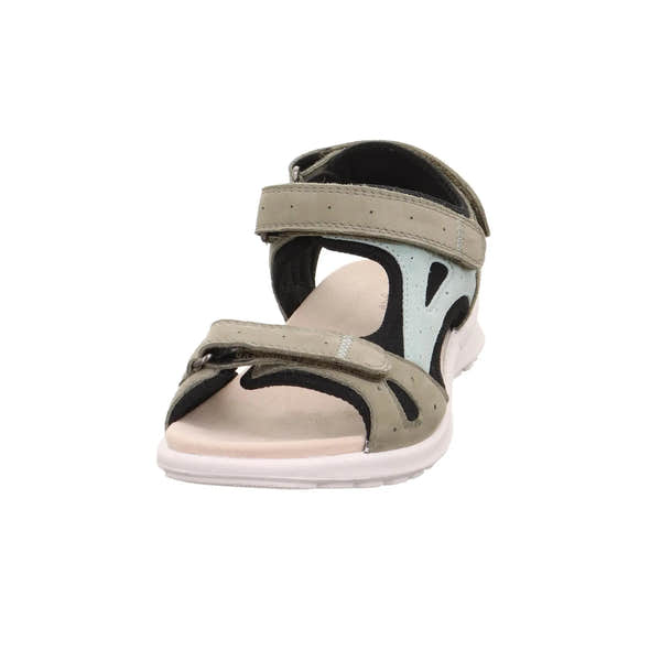Legero Lady's multi-color leather sandal with touch-fastening straps, black and beige accents, and white sole.