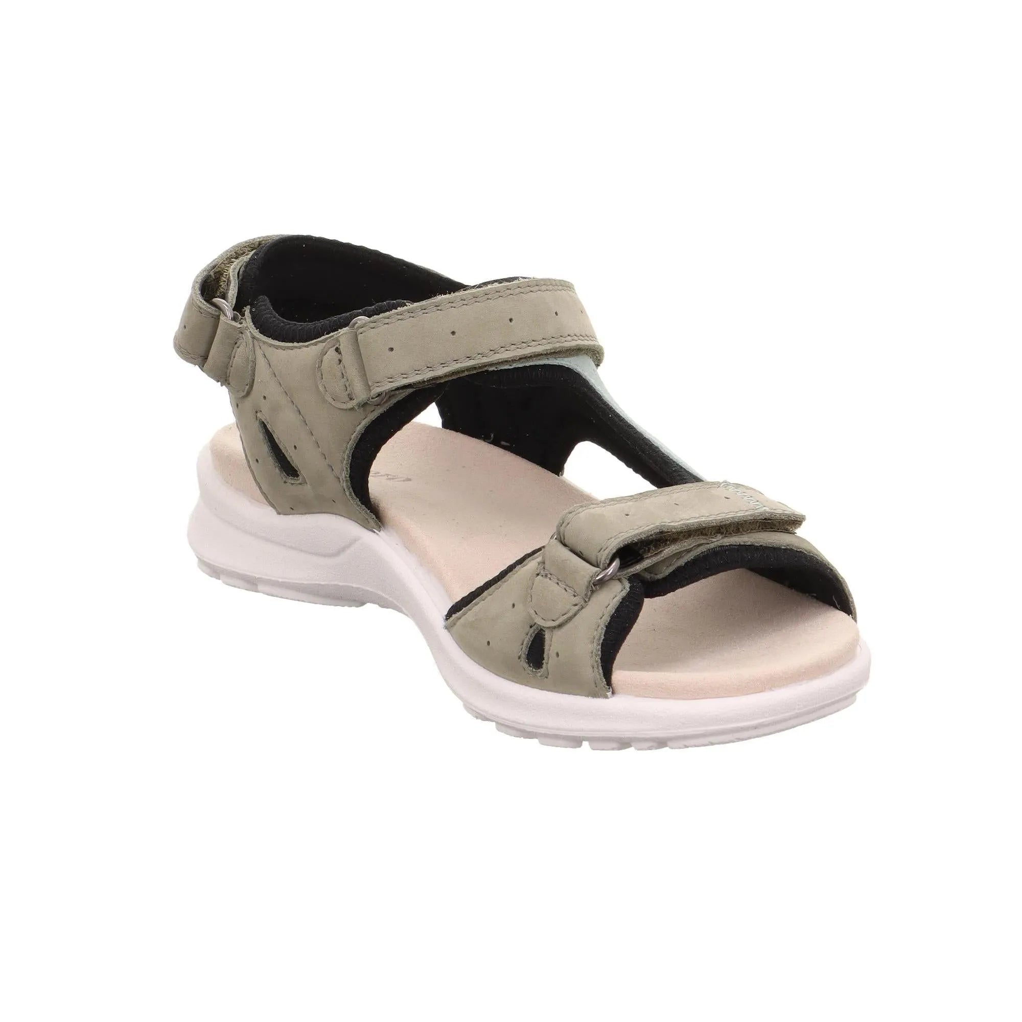 Ladies multi leather sandals with touch fastening, beige and black accents, cushioned insole, and white sole.