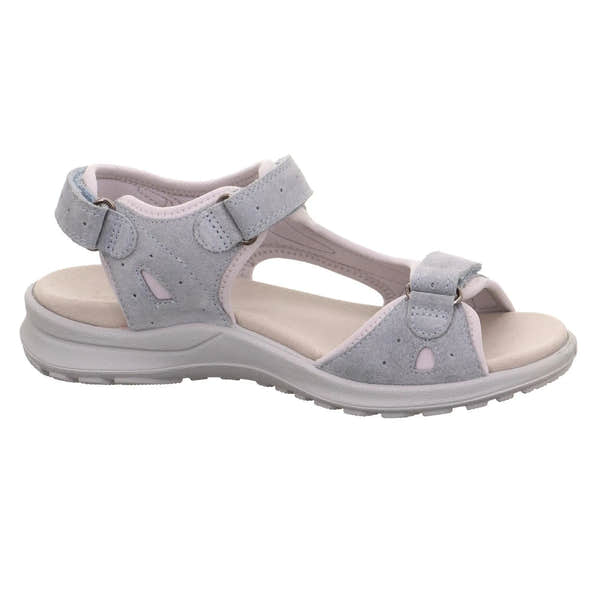 Gray leather touch-fastening sandal with cushioned insole and adjustable straps, designed for ladies.