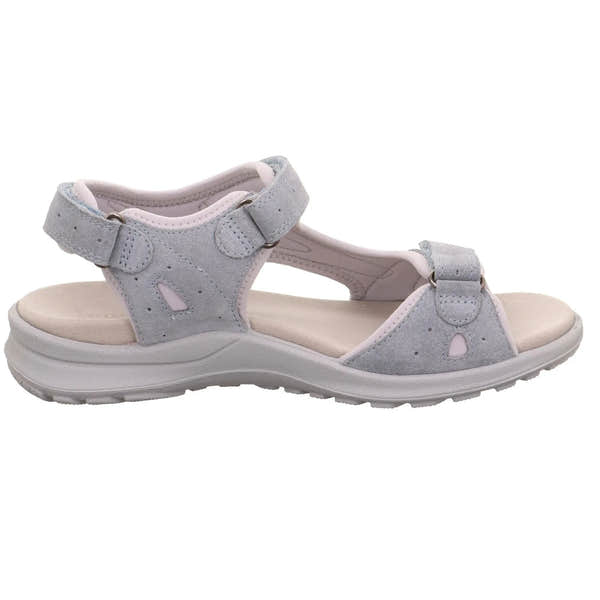 Grey leather touch fastening ladies' sandals with adjustable straps, cushioned sole, and open toe design.