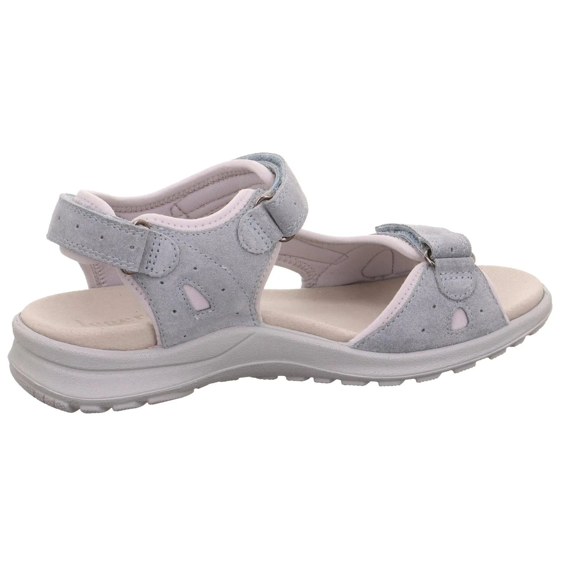 Gray leather women's sandals with touch-fastening straps, cushioned insole, and textured sole.