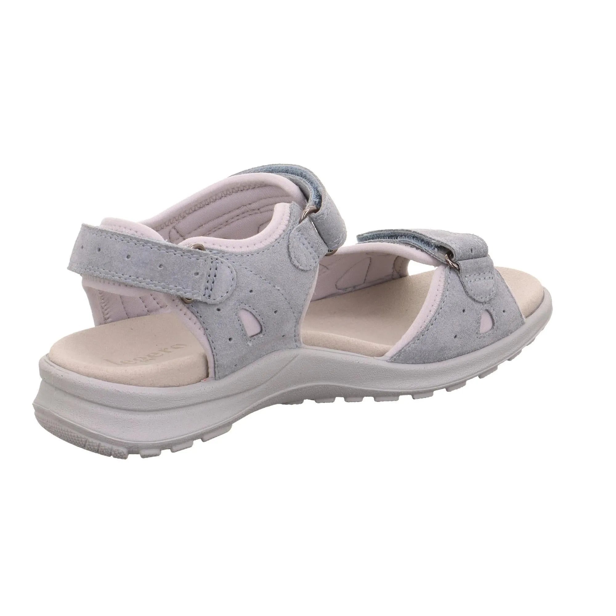 Grey leather touch-fastening sandals with open toe and cushioned insole, designed for ladies.