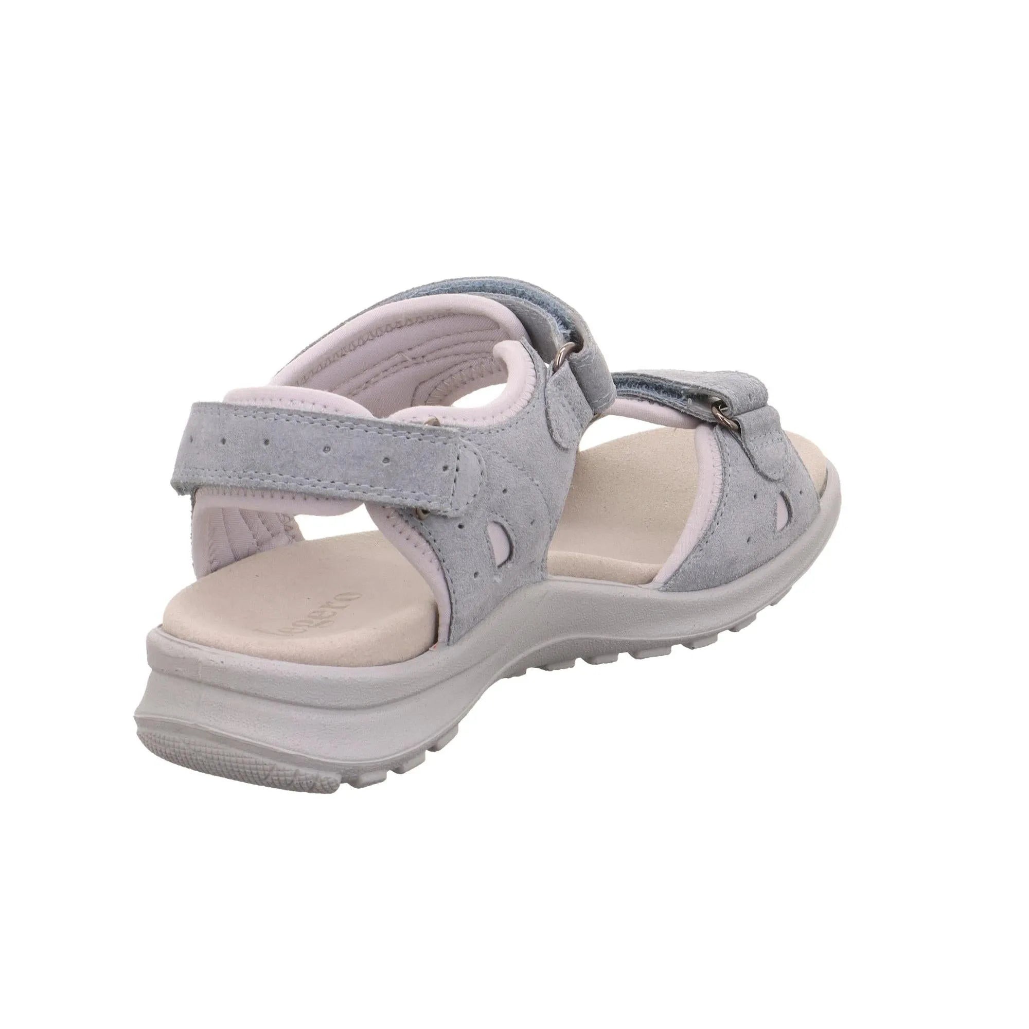 Grey leather touch-fastening sandals with cushioned footbed and sporty sole, designed for ladies.