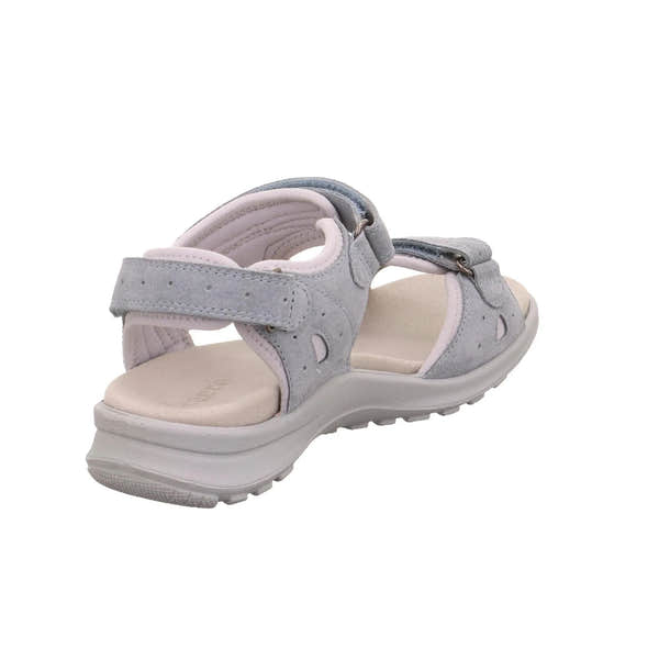 Grey leather touch-fastening sandals with cushioned footbed and sporty sole, designed for ladies.