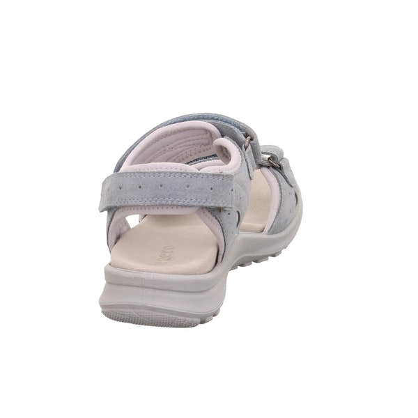 Grey leather touch-fastening sandals with open toe and cushioned insole.