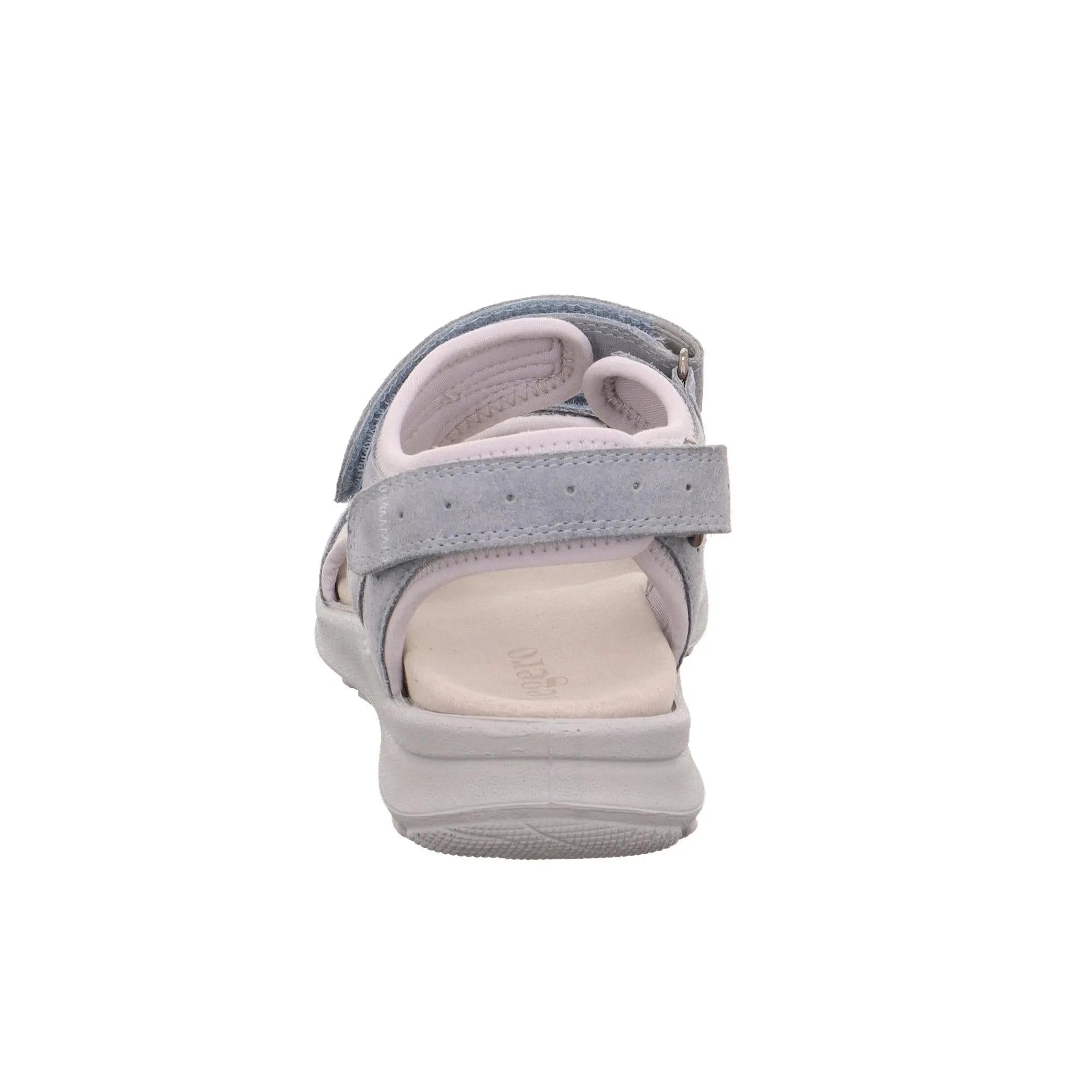 Gray leather sandal with touch fastening straps, cushioned insole, and white sole, designed for ladies.