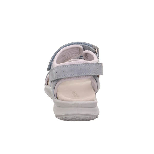 Gray leather sandal with touch fastening straps, cushioned insole, and white sole, designed for ladies.