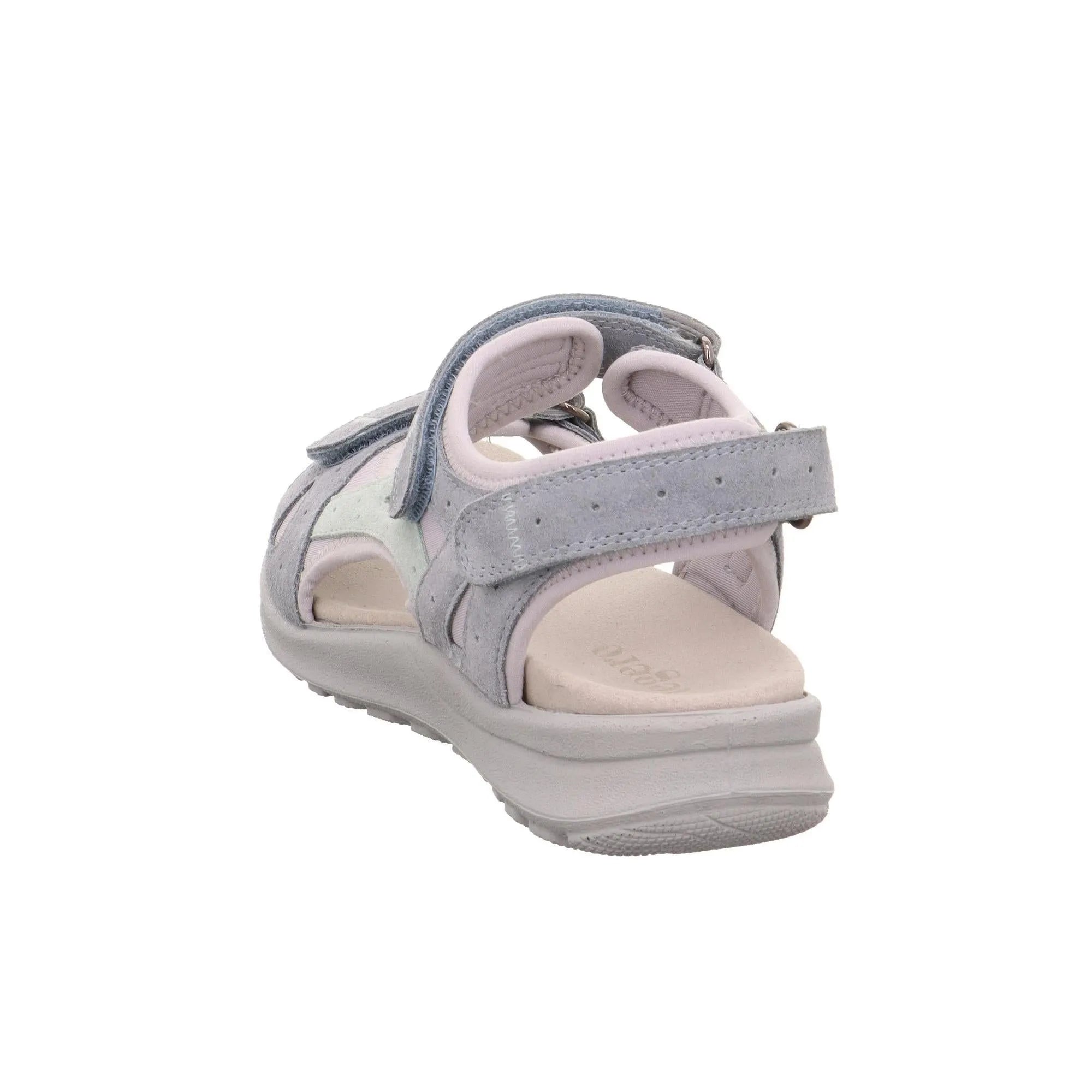 Grey leather touch-fastening sandals with open toes, cutouts, and a cushioned white sole.