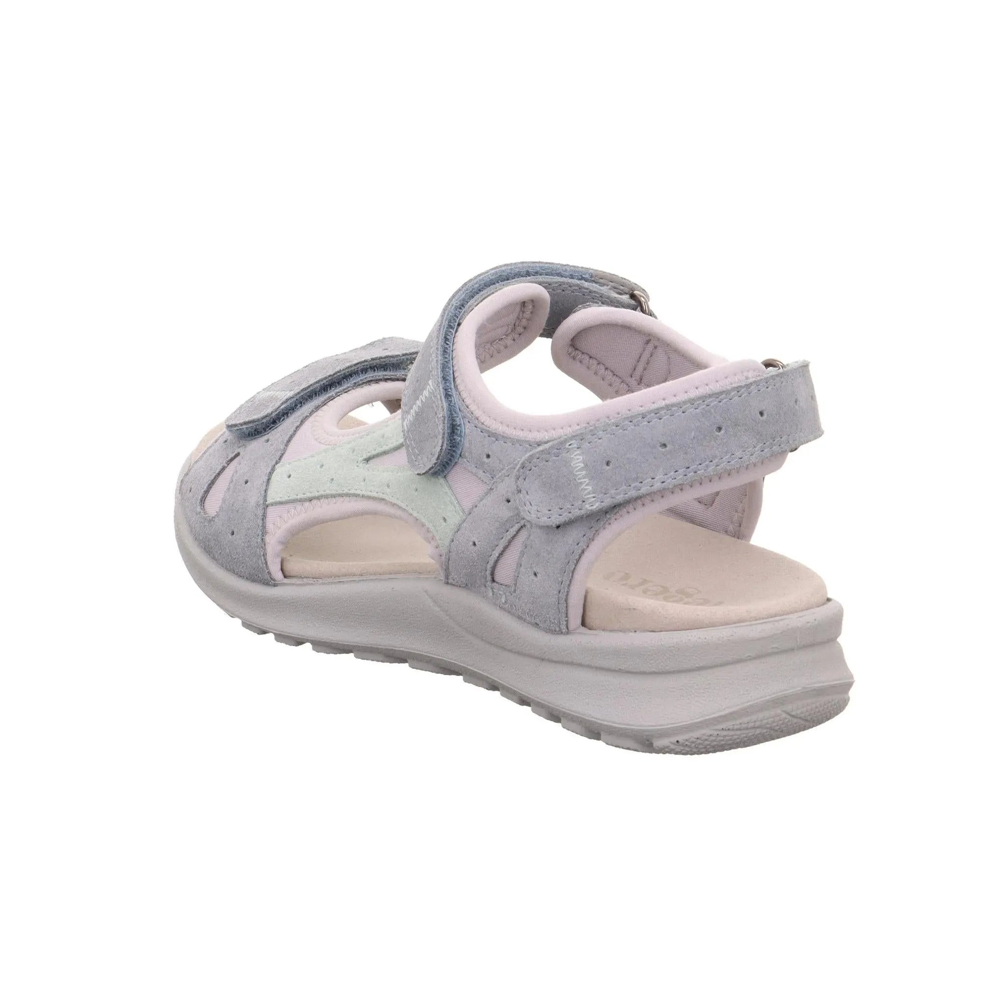 Grey leather touch-fastening sandal with cut-out details and cushioned sole for ladies.