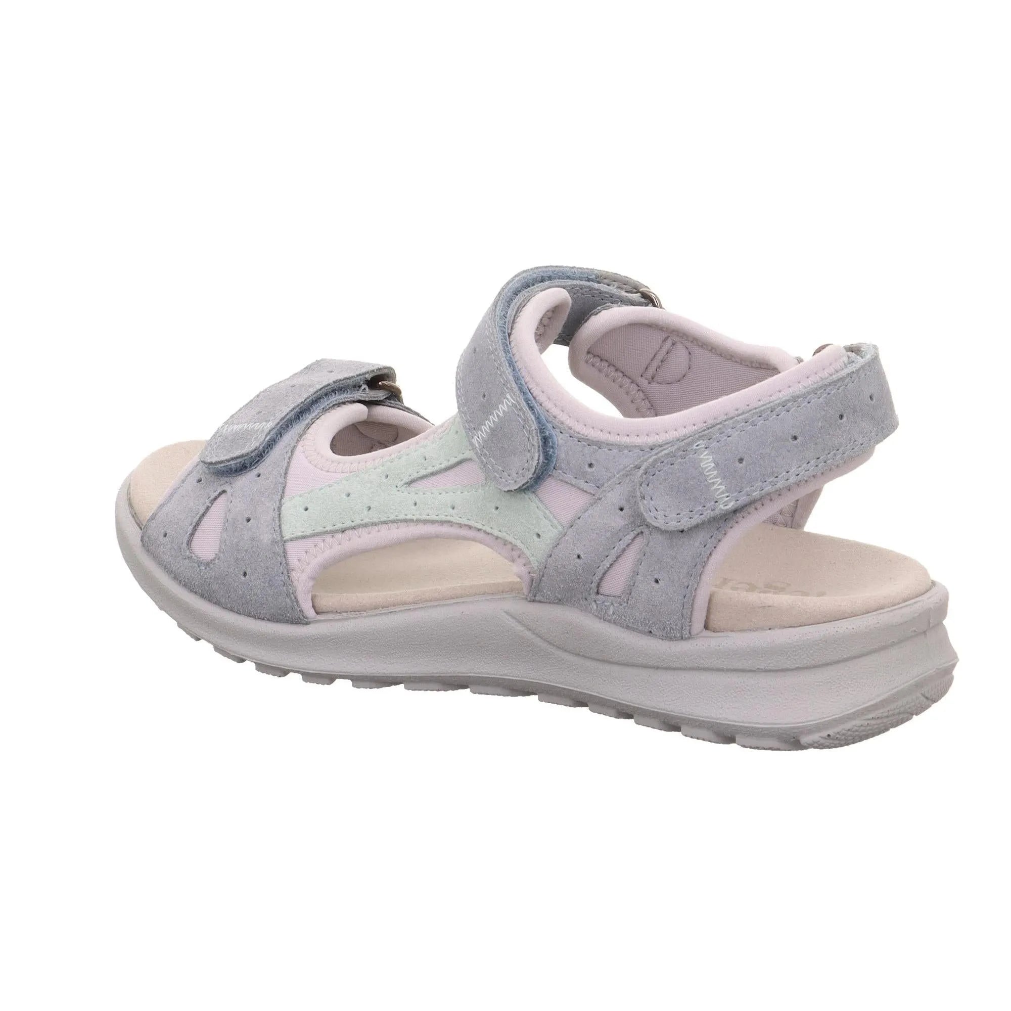 Grey leather touch-fastening sandal with open design, pastel accents, and cushioned sole.