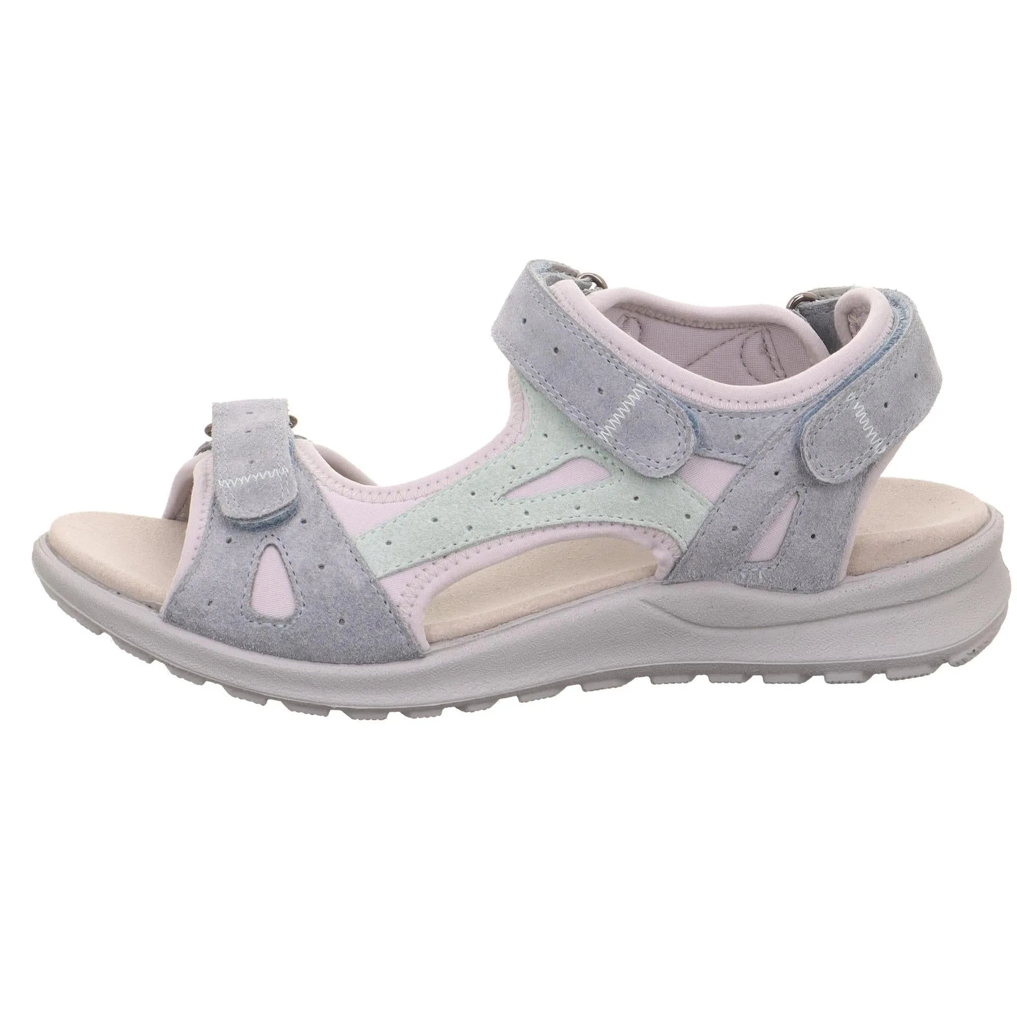 Grey leather touch-fastening sandal with open toe, cushioned insole, and adjustable straps for Ladies.