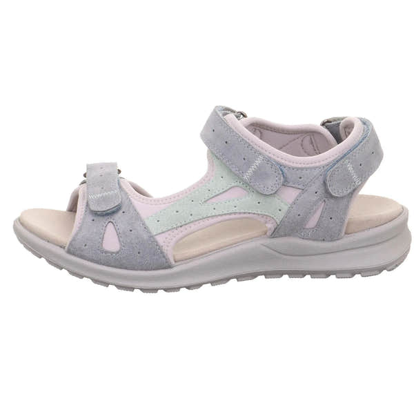 Grey leather touch-fastening sandal with open toe, cushioned insole, and adjustable straps for Ladies.