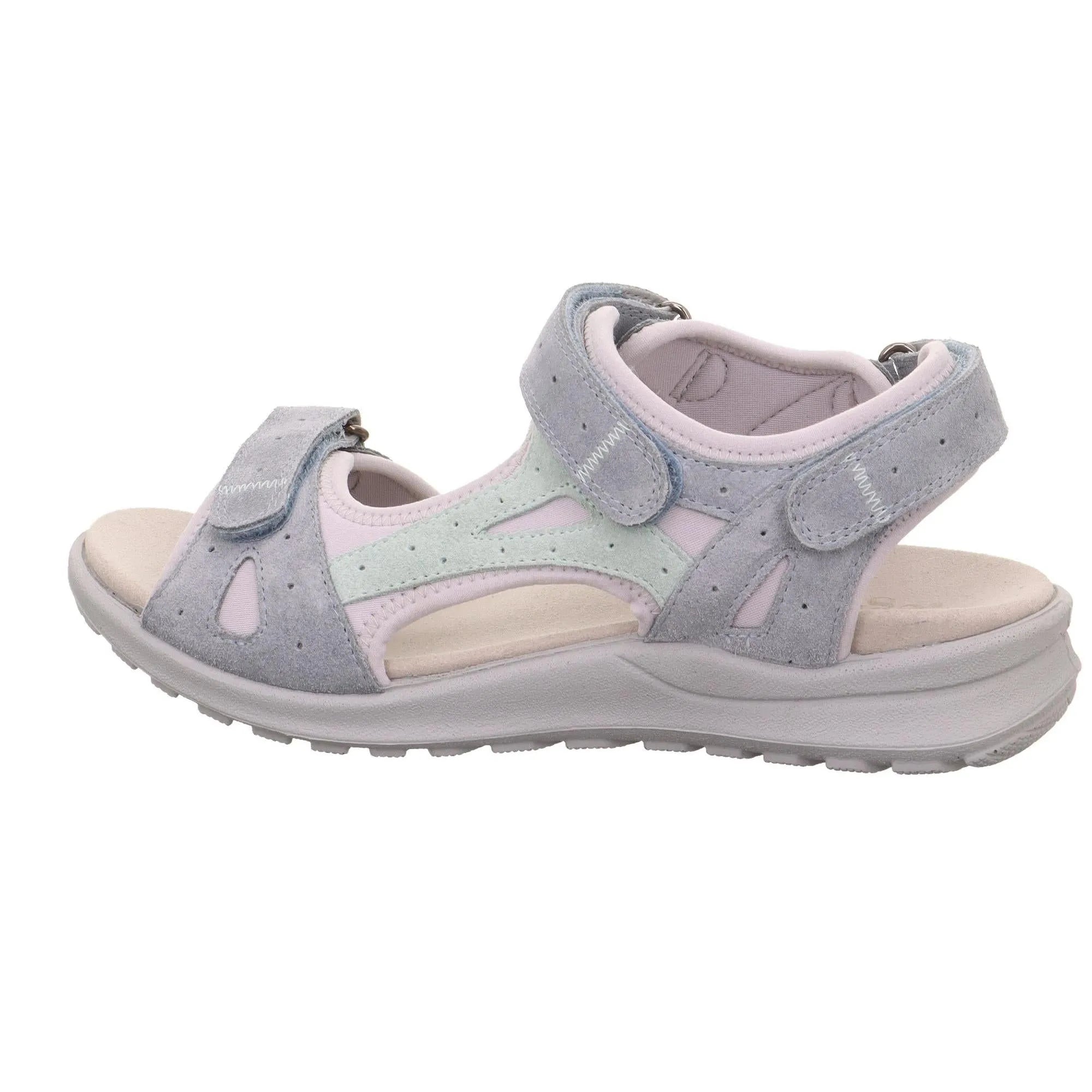 Grey leather ladies sandals with touch-fastening straps, cut-out details, cushioned sole, and open toe style.