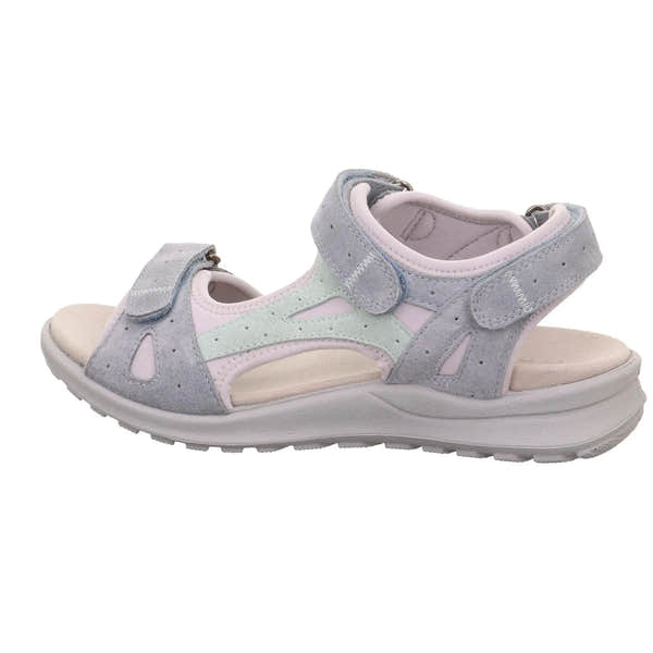 Grey leather ladies sandals with touch-fastening straps, cut-out details, cushioned sole, and open toe style.