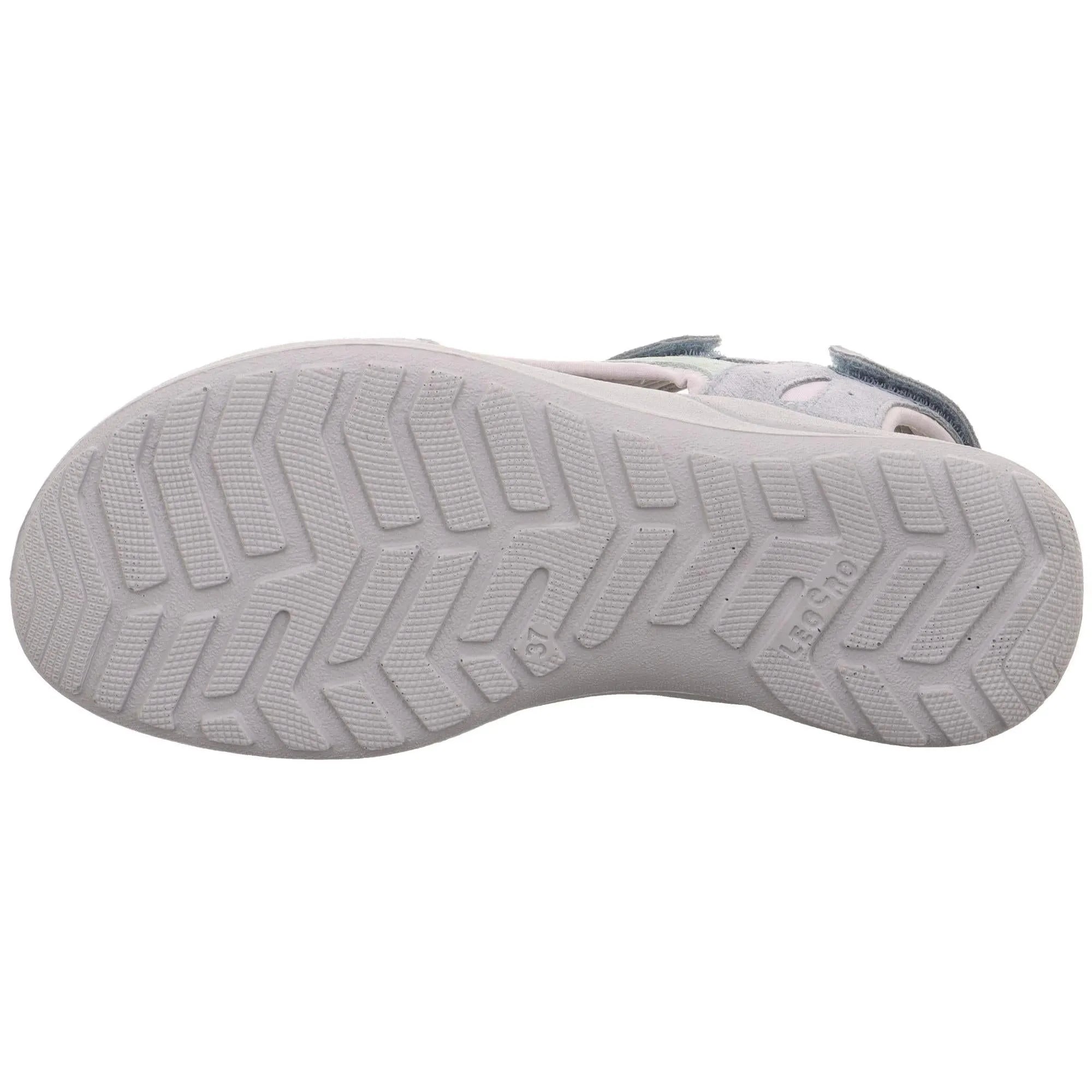 Gray leather sandal with touch fastening straps and textured rubber sole.