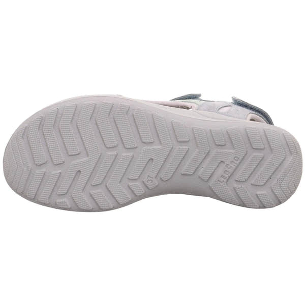 Gray leather sandal with touch fastening straps and textured rubber sole.
