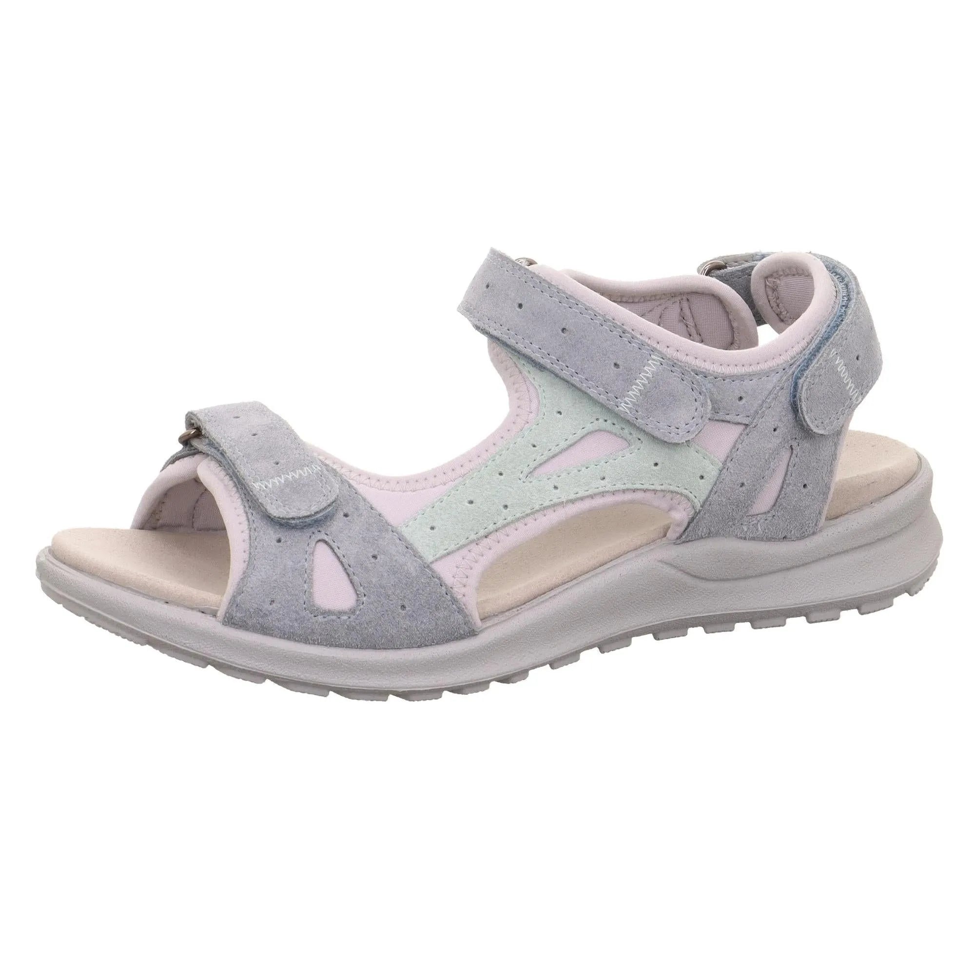 Grey leather touch-fastening sandal with cut-out details, cushioned insole, and adjustable straps for ladies.