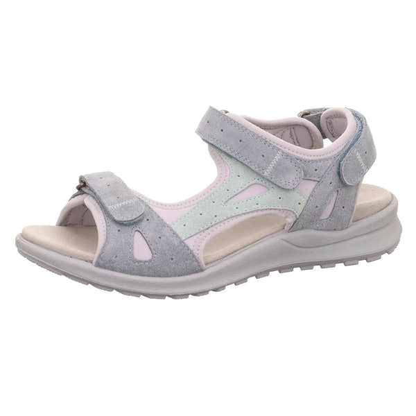 Grey leather touch-fastening sandal with cut-out details, cushioned insole, and adjustable straps for ladies.