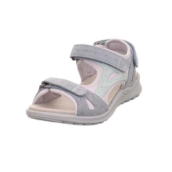 Gray leather touch-fastening sandals with cutout details and a chunky sole, suitable for ladies.