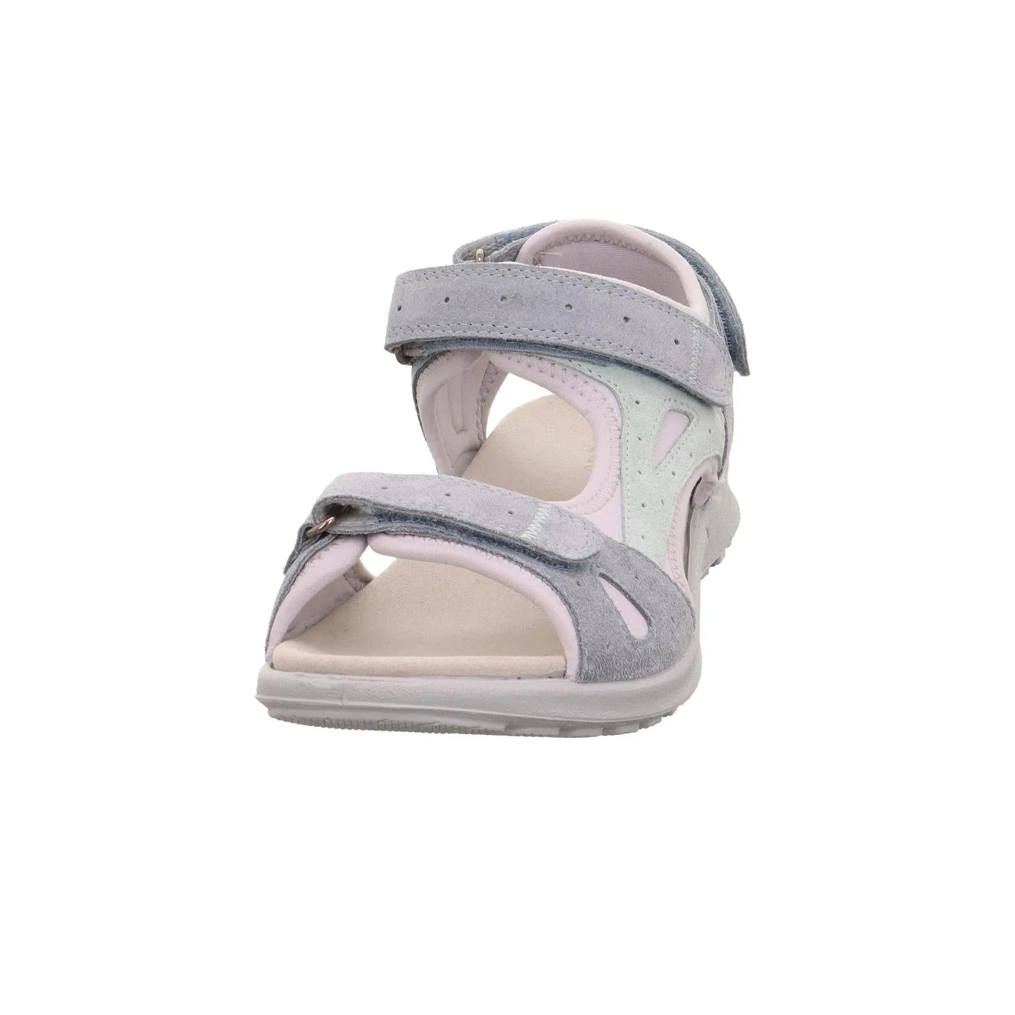 Gray leather touch-fastening sandals with cut-out details, adjustable straps, and cushioned footbed.