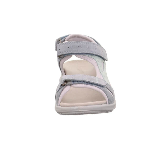 Gray leather touch-fastening sandals with adjustable straps, open toe and cushioned insole.