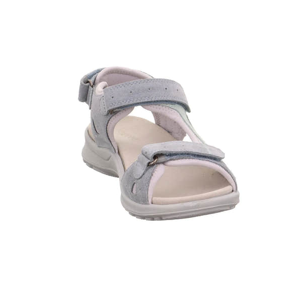 Gray leather sandals with touch fastening straps, cushioned insole, and white rubber sole for ladies.