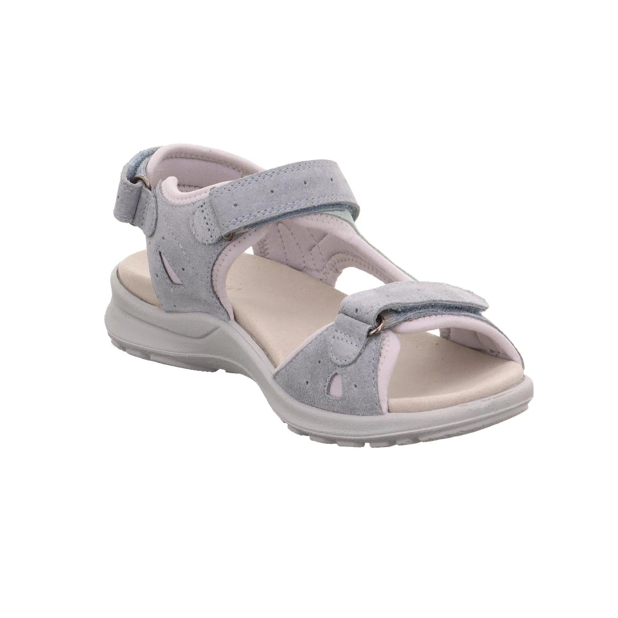 Grey leather touch-fastening sandals with adjustable straps, open toe, and cushioned sole for ladies.