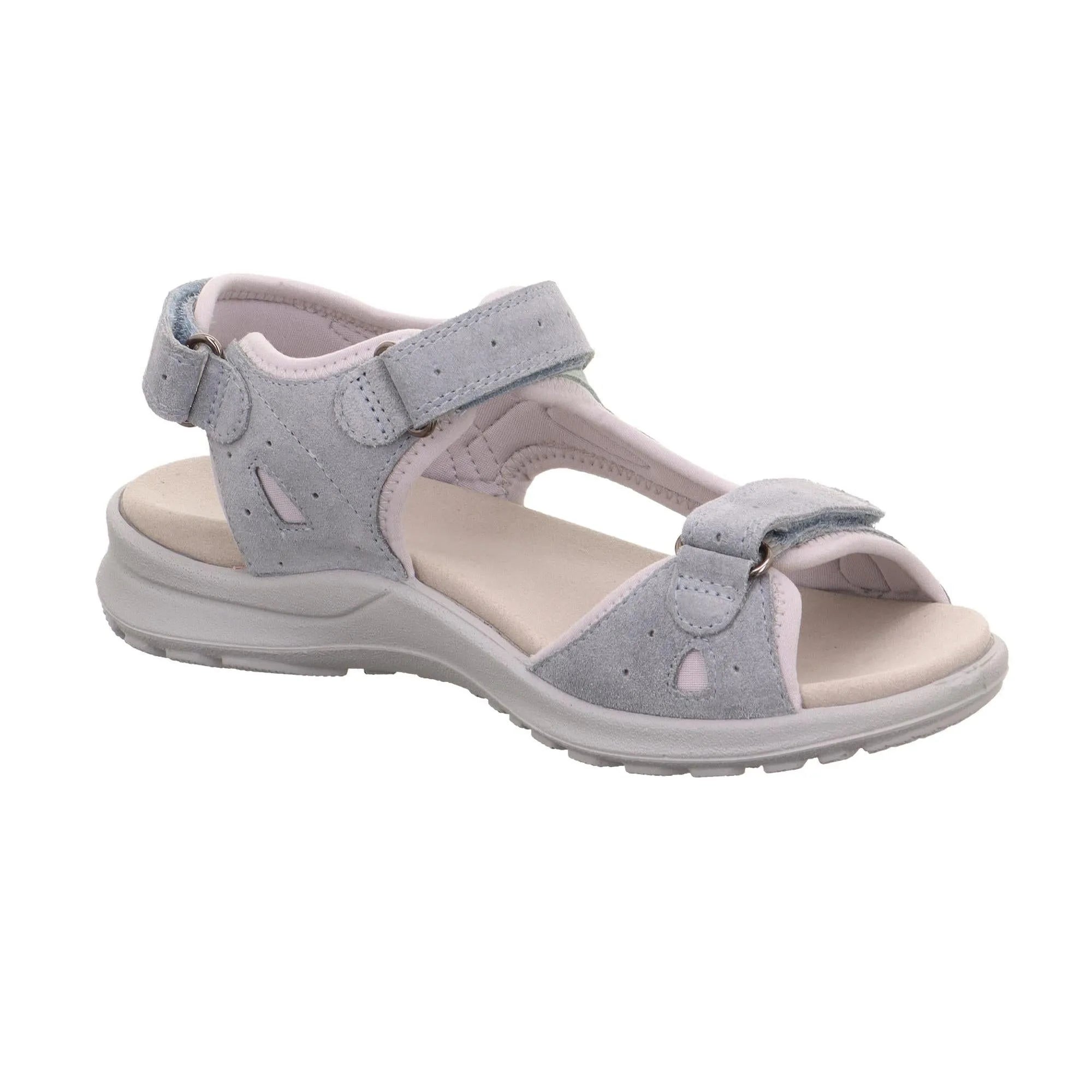 Grey leather touch fastening sandal with open design, cushioned footbed, and sturdy sole for ladies.