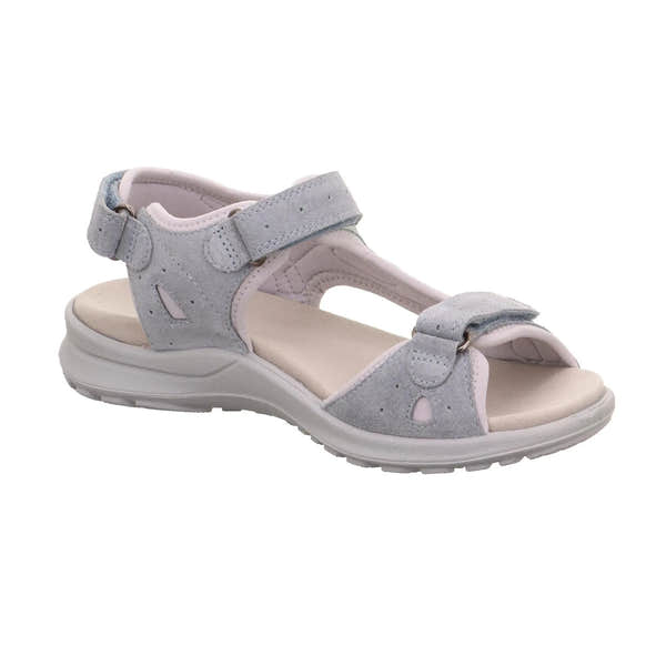 Grey leather touch fastening sandal with open design, cushioned footbed, and sturdy sole for ladies.